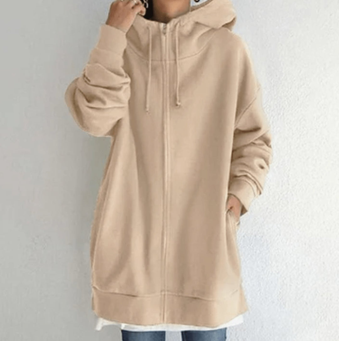 Women's Oversized Relaxed-Fit Full-Zip Hooded Sweatshirt - Khaki