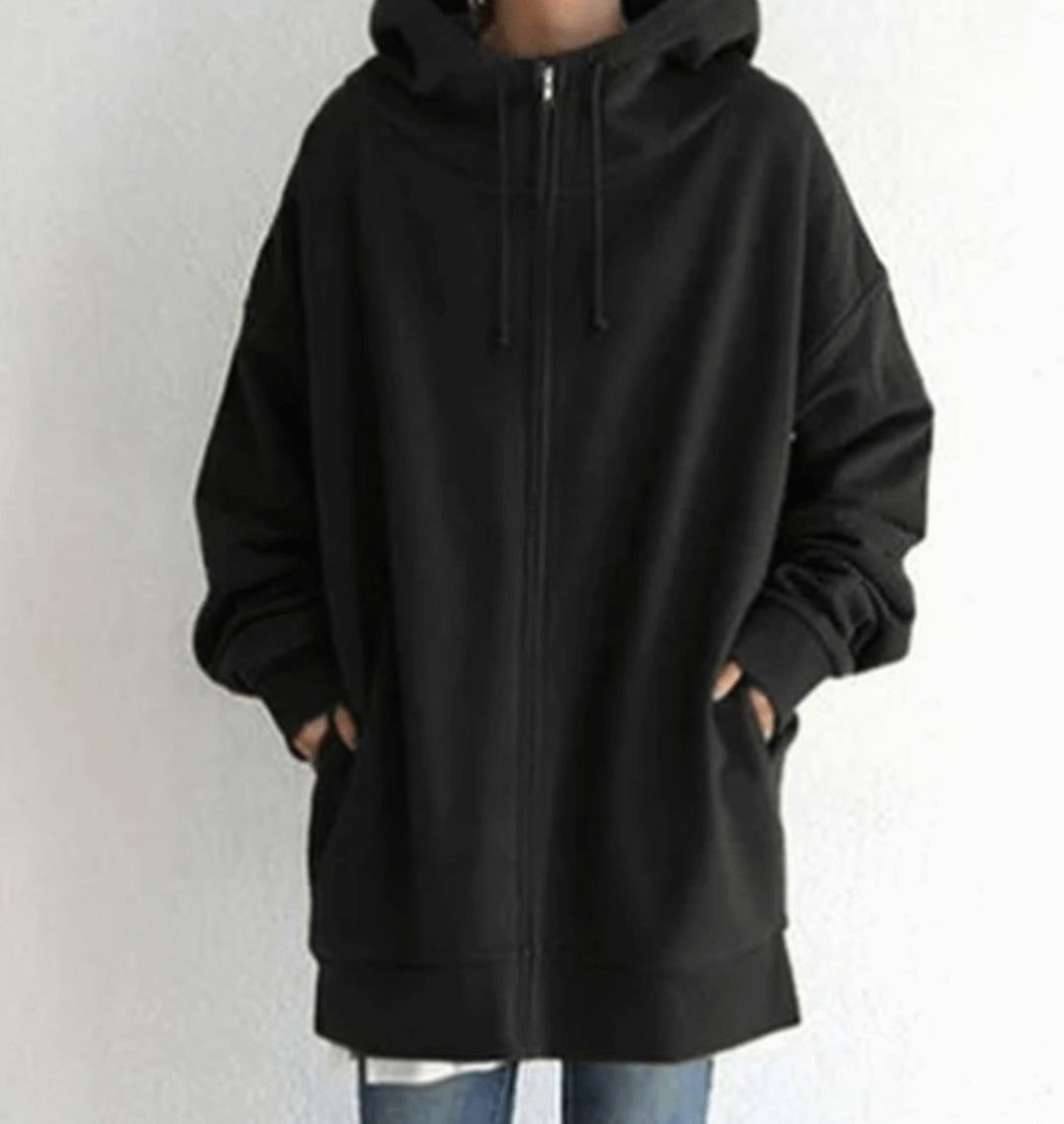 Women's Oversized Relaxed-Fit Full-Zip Hooded Sweatshirt - Black