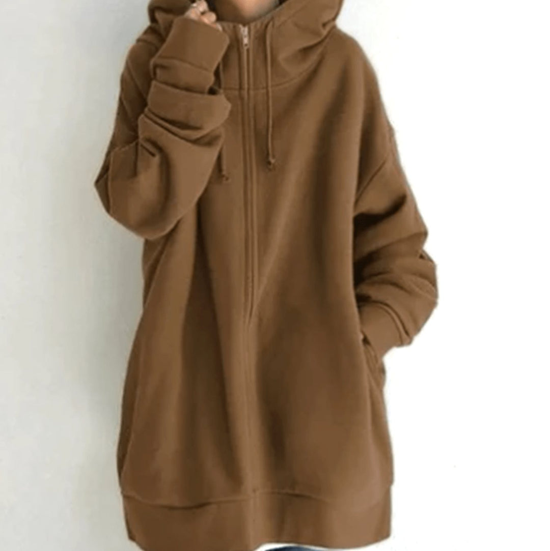 Women's Oversized Relaxed-Fit Full-Zip Hooded Sweatshirt - Brown