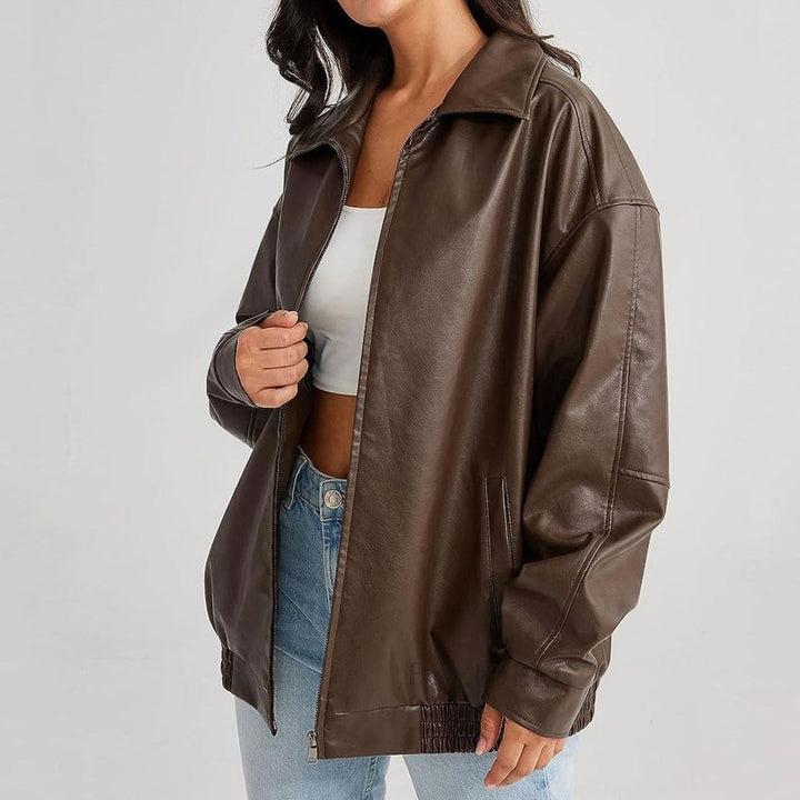 Women's Oversized Relaxed-Fit Zip-Up Faux Leather Trendy Jacket - Brown