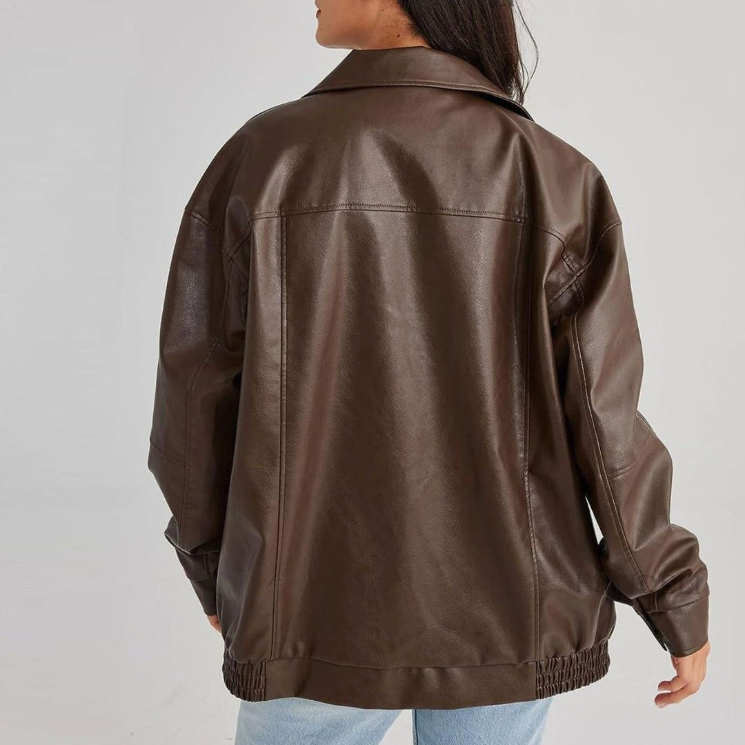 Women's Oversized Relaxed-Fit Zip-Up Faux Leather Trendy Jacket
