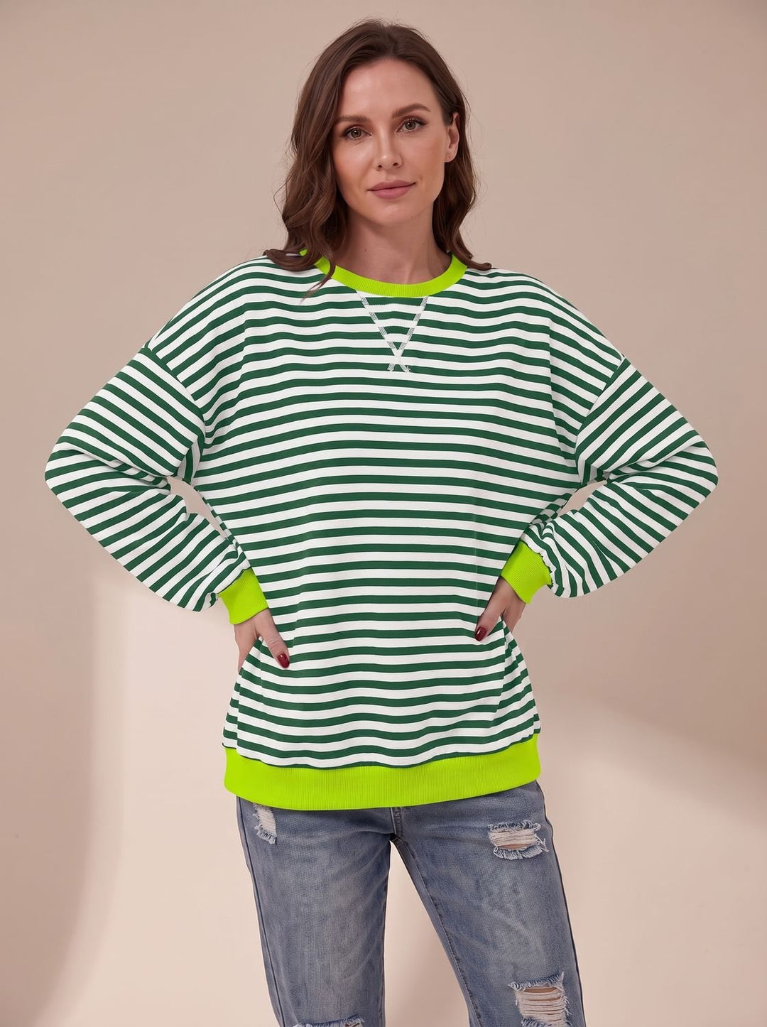Women's Oversized Retro Striped Crewneck Sweatshirt - Dark Green