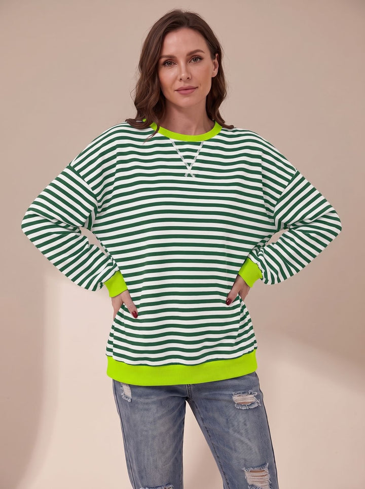Women's Oversized Retro Striped Crewneck Sweatshirt - Dark Green