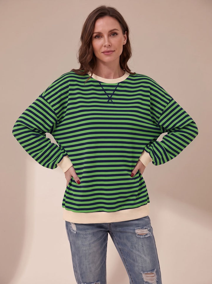 Women's Oversized Retro Striped Crewneck Sweatshirt - Green