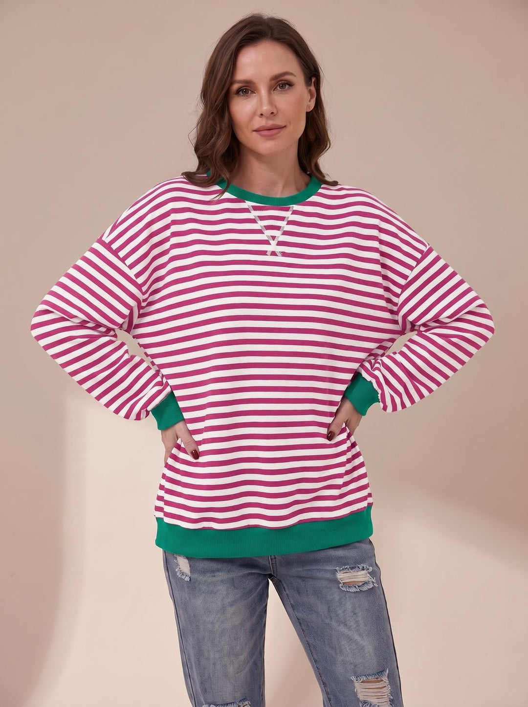 Women's Oversized Retro Striped Crewneck Sweatshirt - Rose Red