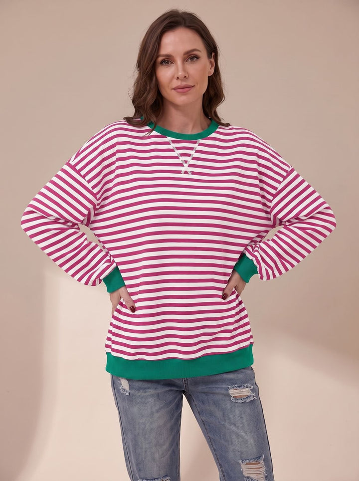 Women's Oversized Retro Striped Crewneck Sweatshirt - Rose Red