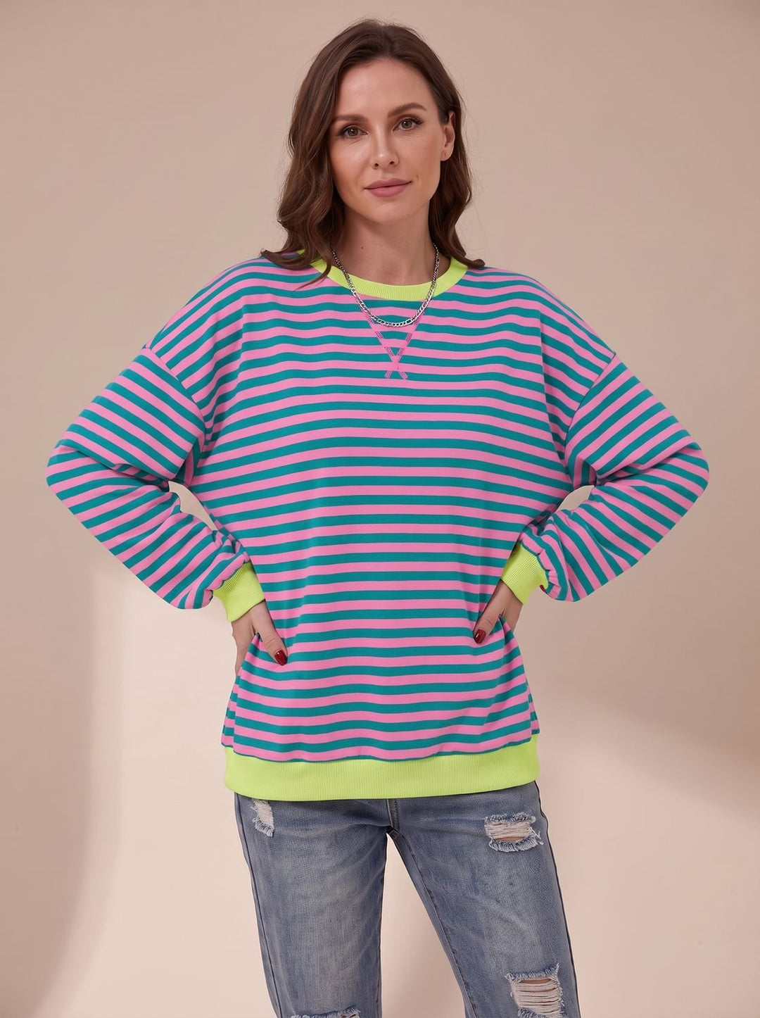 Women's Oversized Retro Striped Crewneck Sweatshirt - Pink