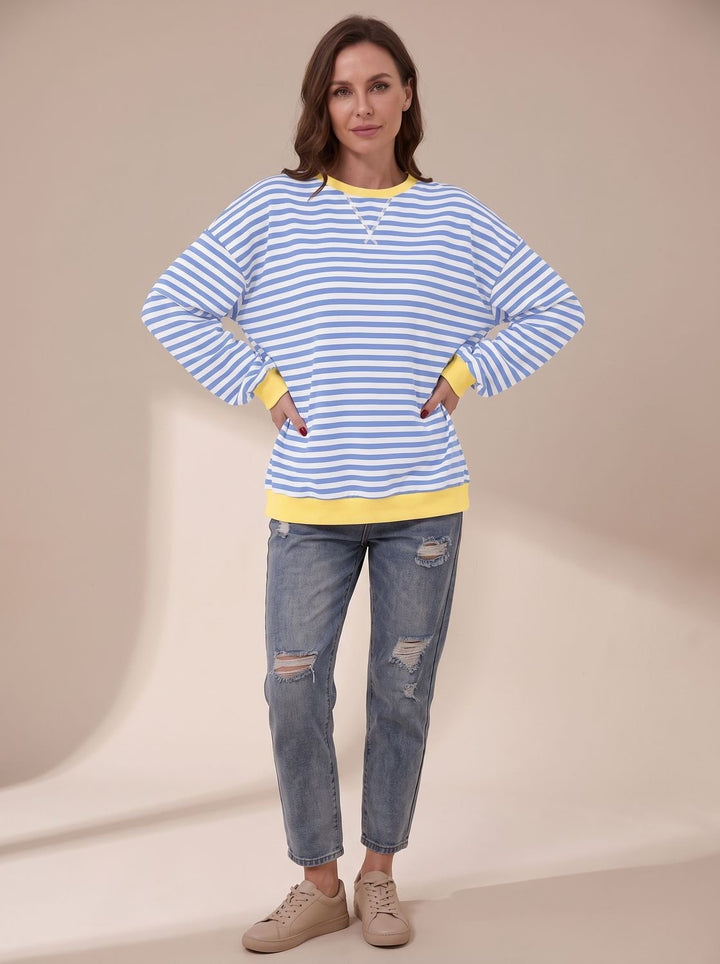 Women's Oversized Retro Striped Crewneck Sweatshirt - Sky Blue