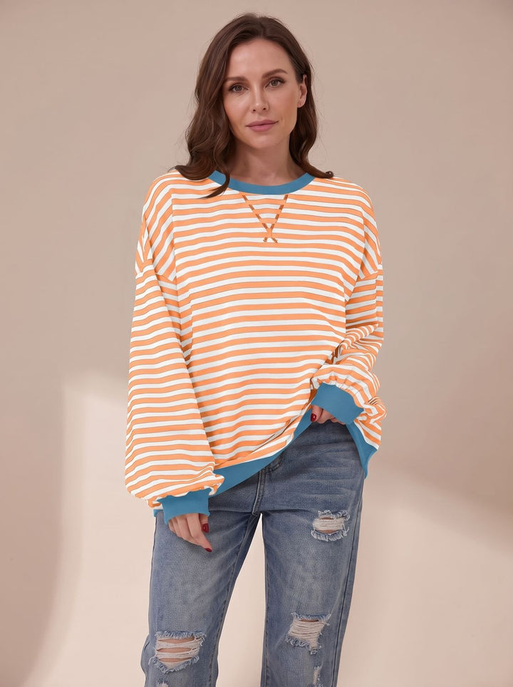Women's Oversized Retro Striped Crewneck Sweatshirt - Orange