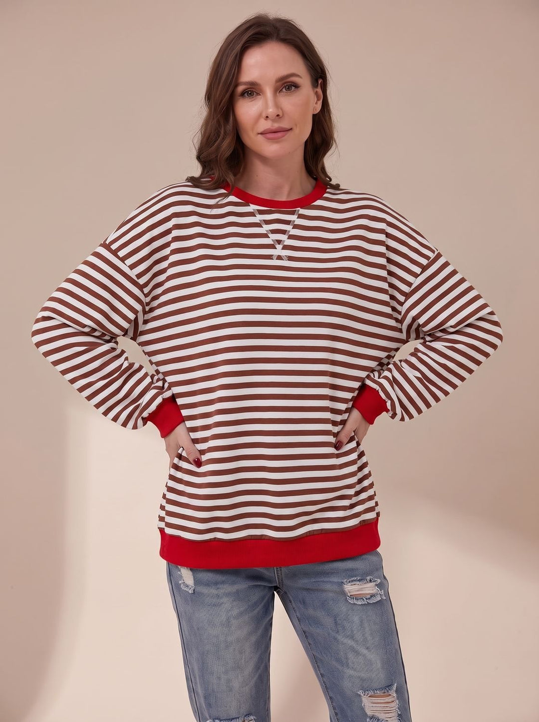 Women's Oversized Retro Striped Crewneck Sweatshirt - Red