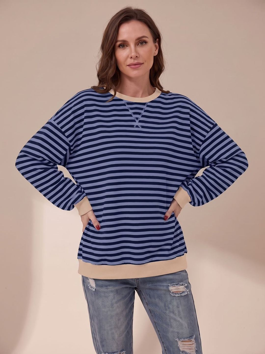 Women's Oversized Retro Striped Crewneck Sweatshirt - Blue