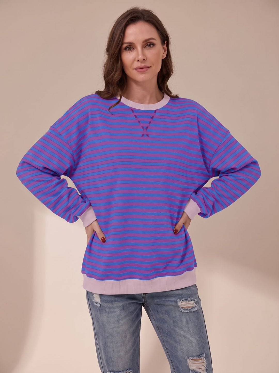 Women's Oversized Retro Striped Crewneck Sweatshirt - Purple