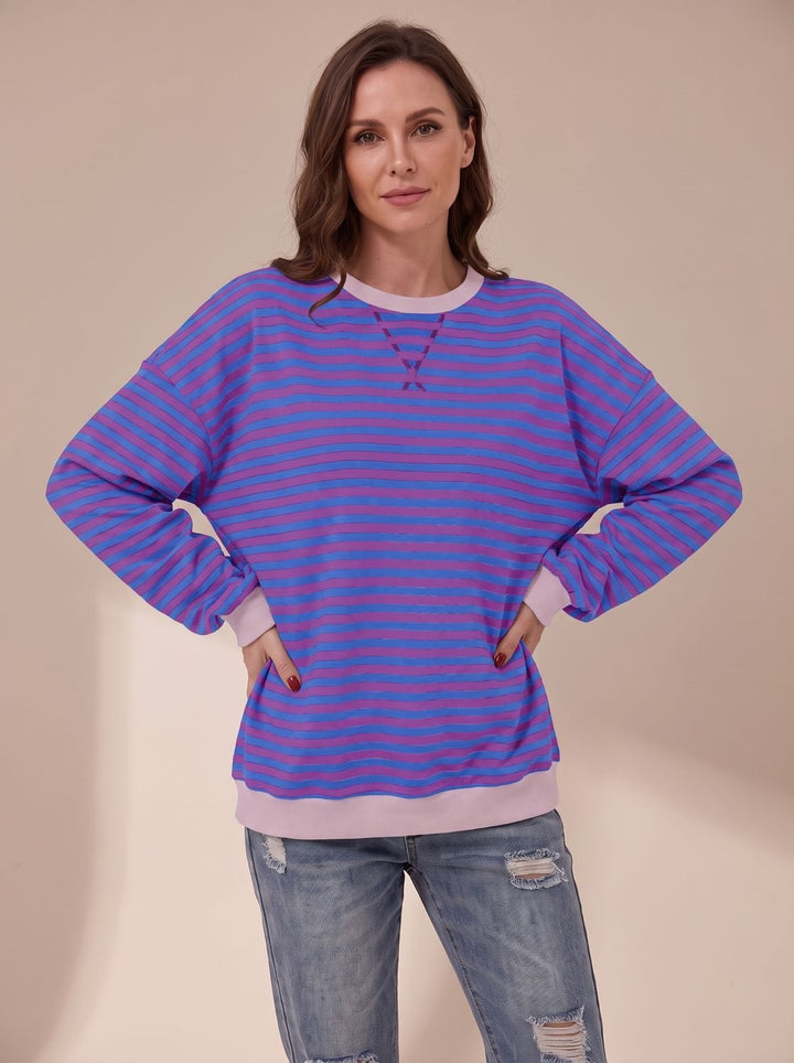 Women's Oversized Retro Striped Crewneck Sweatshirt - Purple