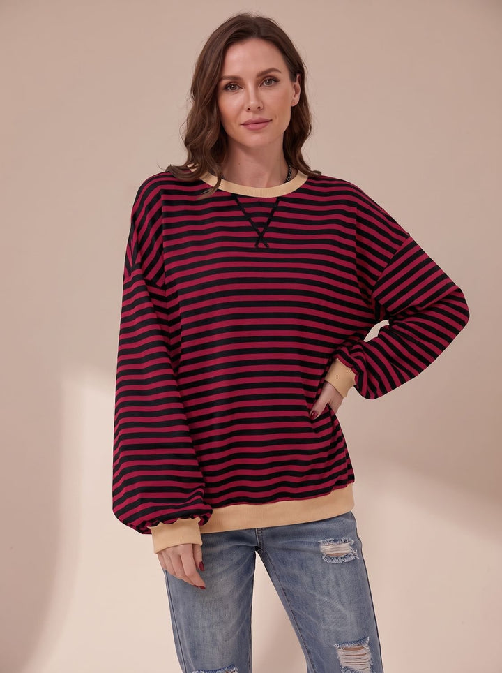 Women's Oversized Retro Striped Crewneck Sweatshirt - Burgundy