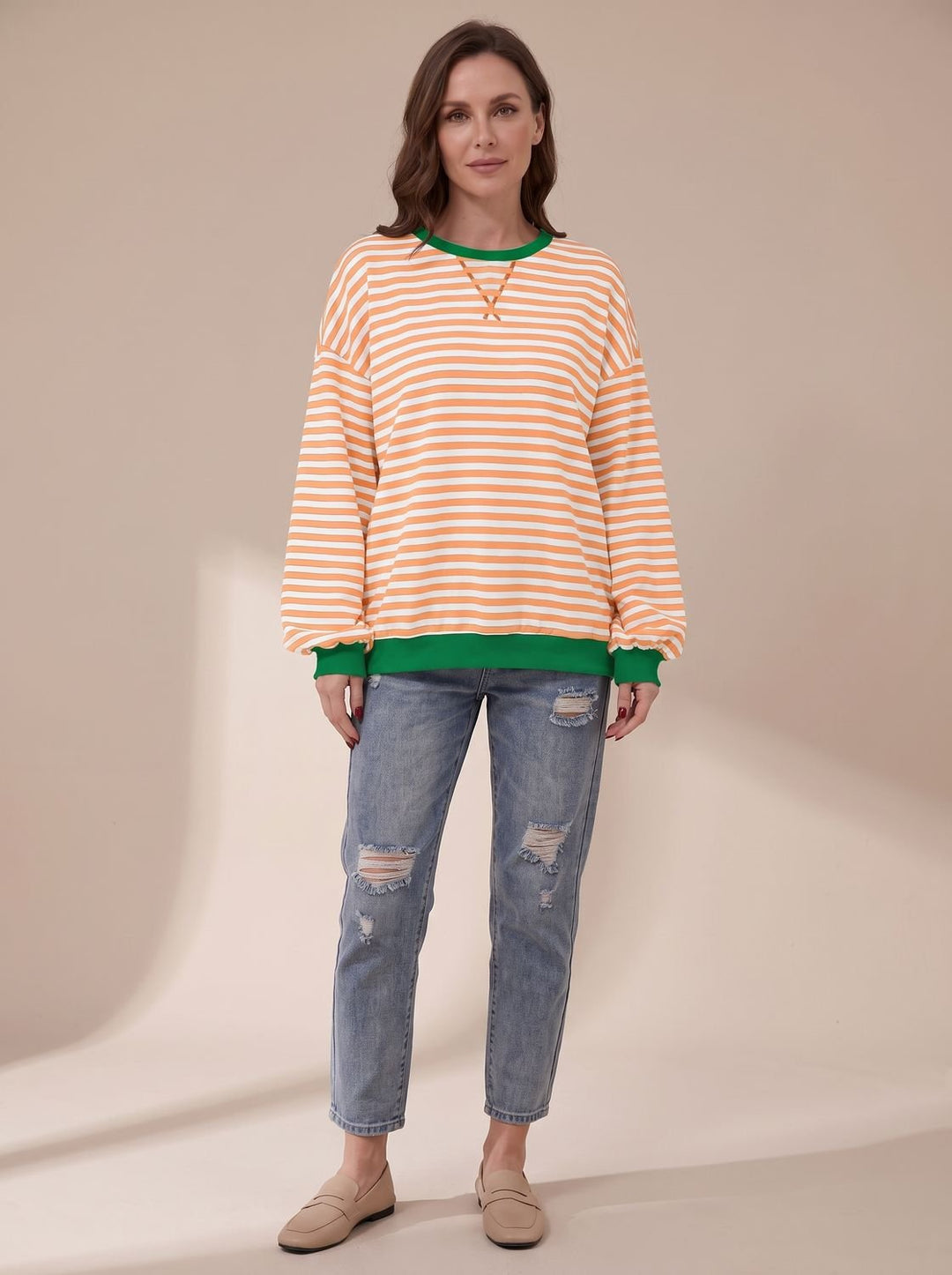 Women's Oversized Retro Striped Crewneck Sweatshirt - Light Orange