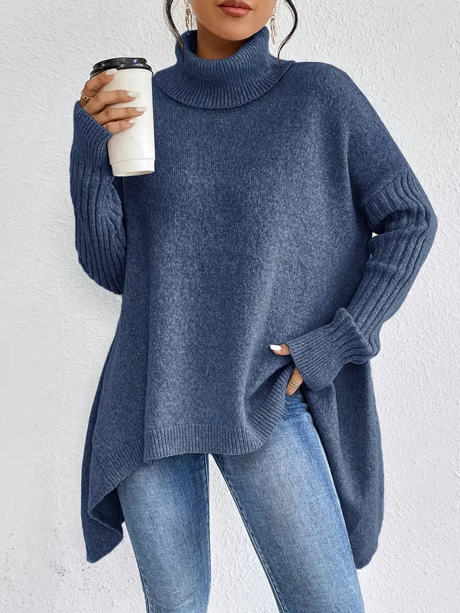 Women's Oversized Ribbed-Trim Turtleneck Sweater High-Low Hem - Ocean Blue
