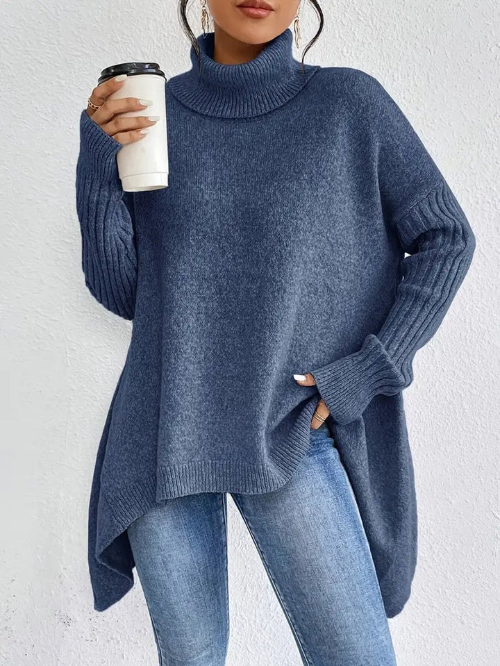 Women's Oversized Ribbed-Trim Turtleneck Sweater High-Low Hem - Ocean Blue