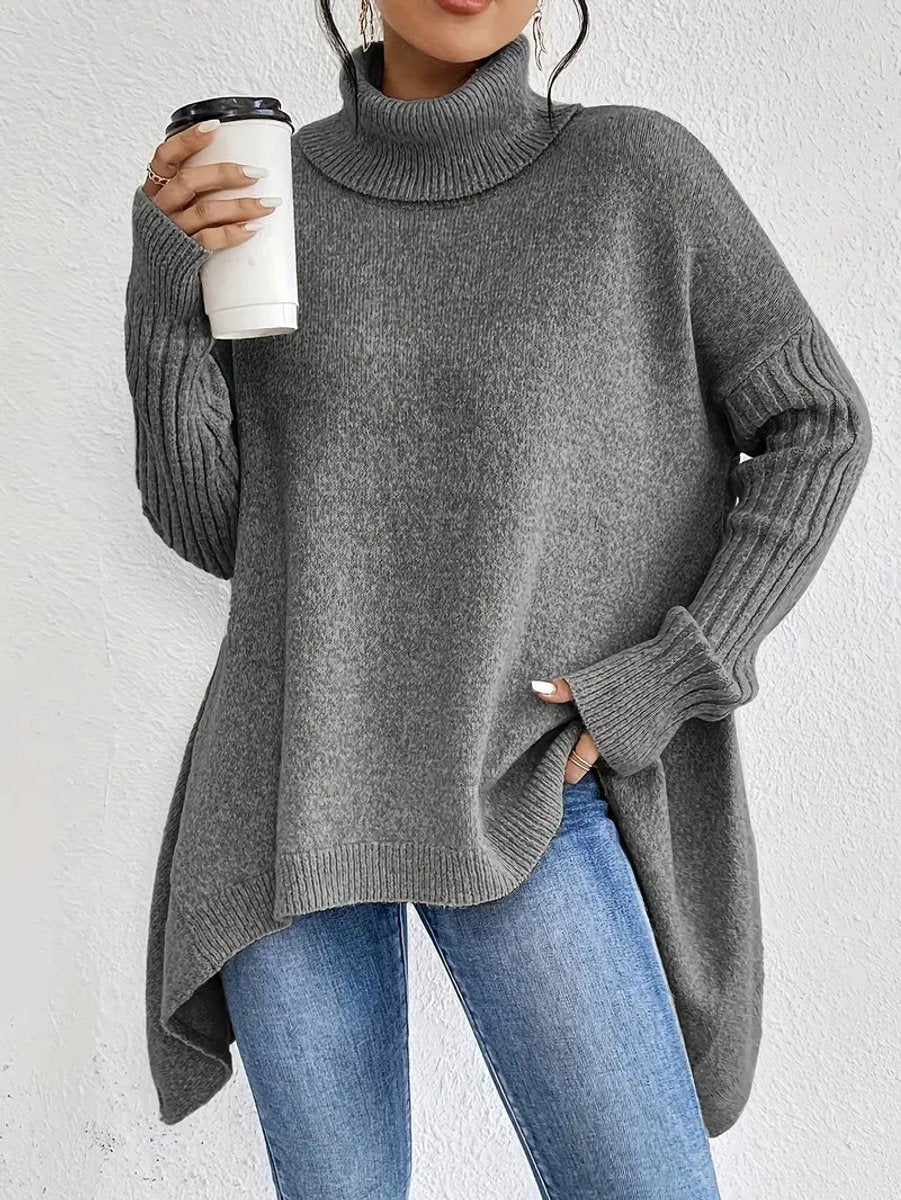 Women's Oversized Ribbed-Trim Turtleneck Sweater High-Low Hem - Stone Gray