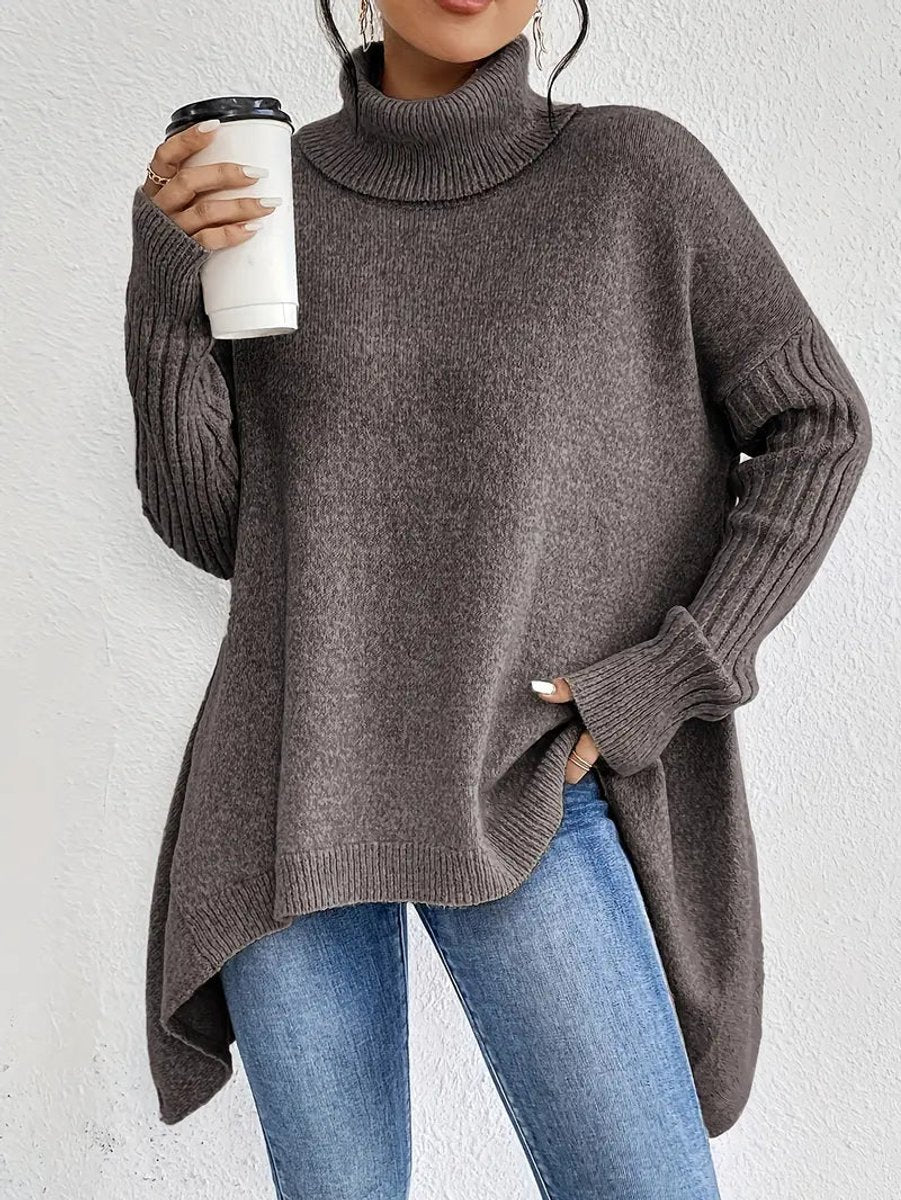 Women's Oversized Ribbed-Trim Turtleneck Sweater High-Low Hem - Espresso Brown