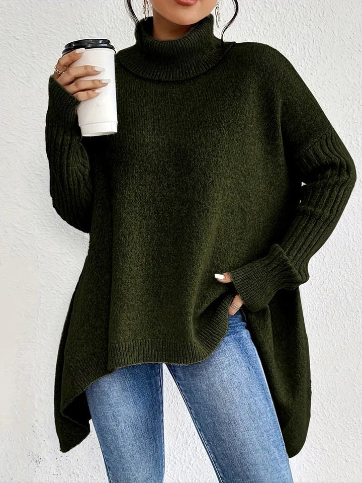 Women's Oversized Ribbed-Trim Turtleneck Sweater High-Low Hem - Pine Green