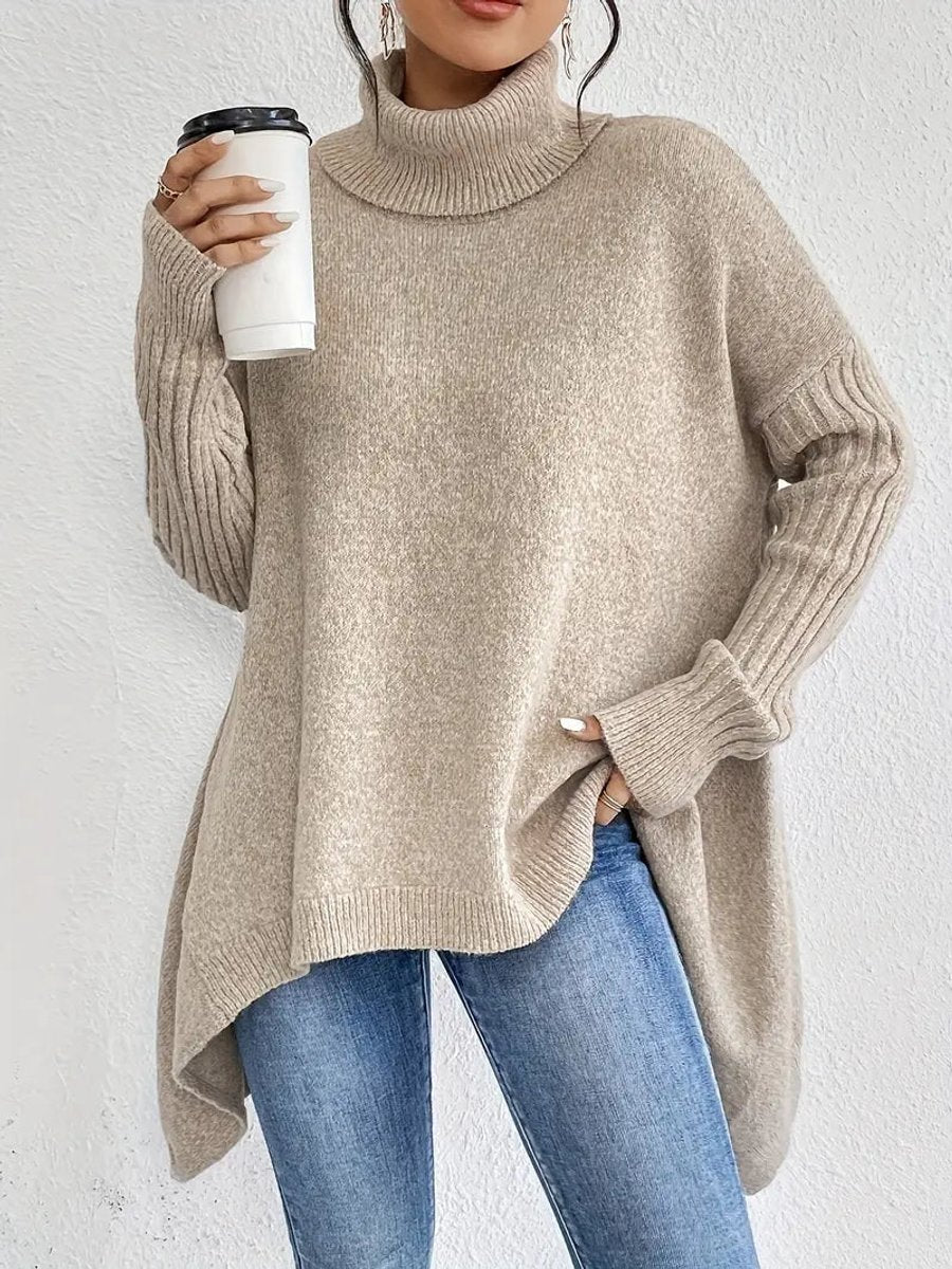 Women's Oversized Ribbed-Trim Turtleneck Sweater High-Low Hem - Desert Khaki