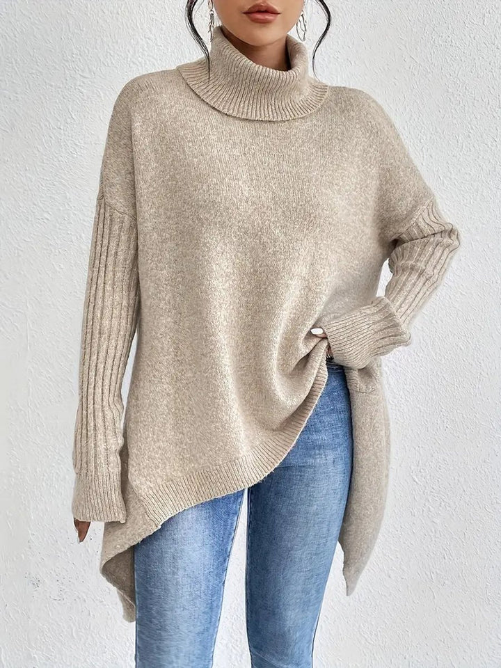 Women's Oversized Ribbed-Trim Turtleneck Sweater High-Low Hem