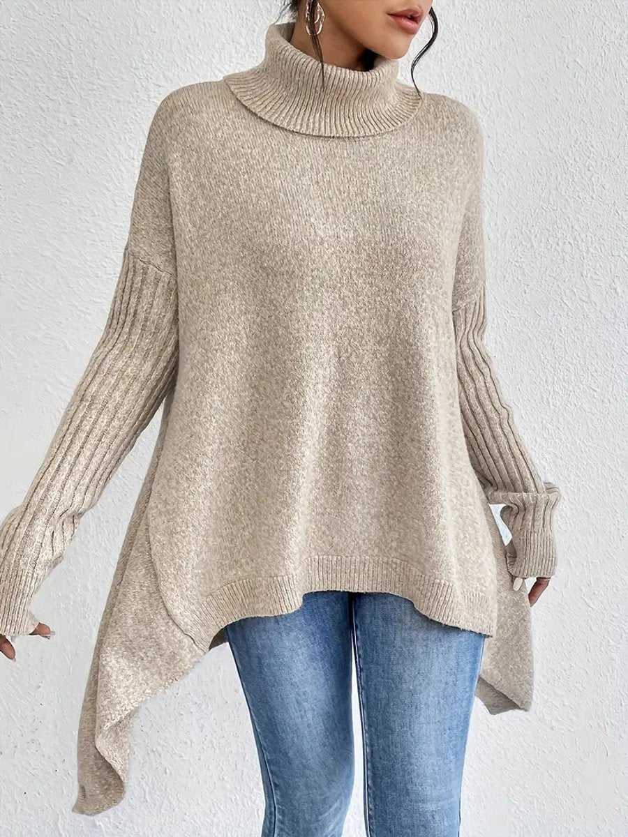Women's Oversized Ribbed-Trim Turtleneck Sweater High-Low Hem