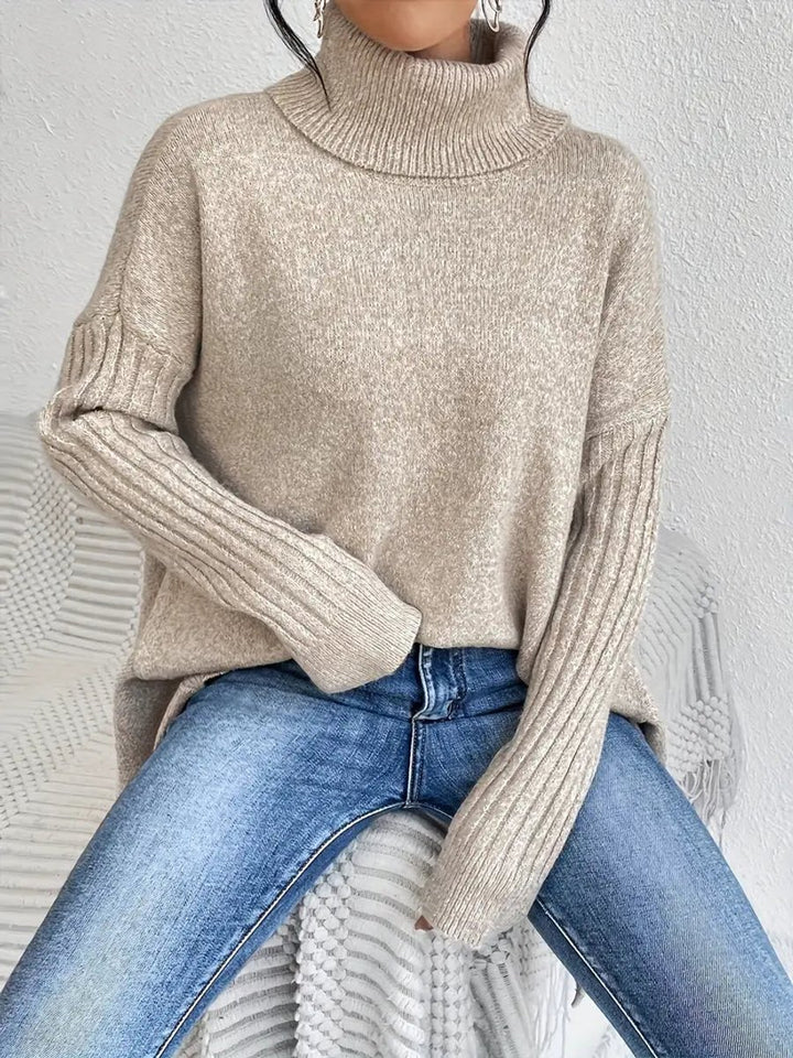 Women's Oversized Ribbed-Trim Turtleneck Sweater High-Low Hem