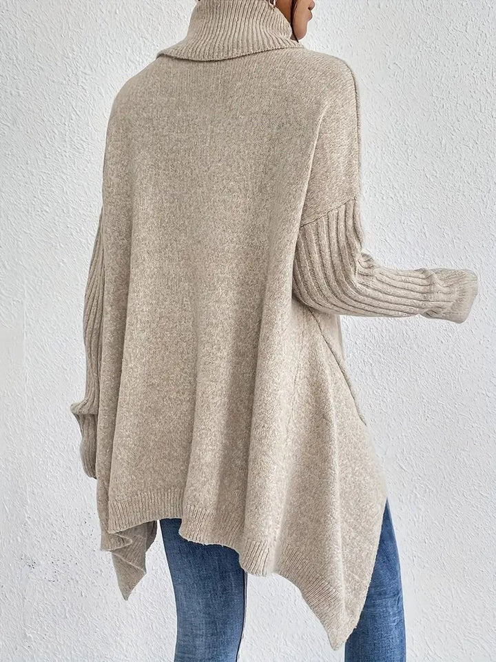 Women's Oversized Ribbed-Trim Turtleneck Sweater High-Low Hem