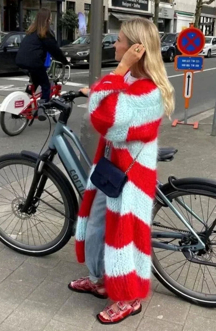 Women's Oversized Striped Long Open-Front Cardigan