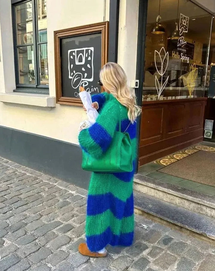 Women's Oversized Striped Long Open-Front Cardigan