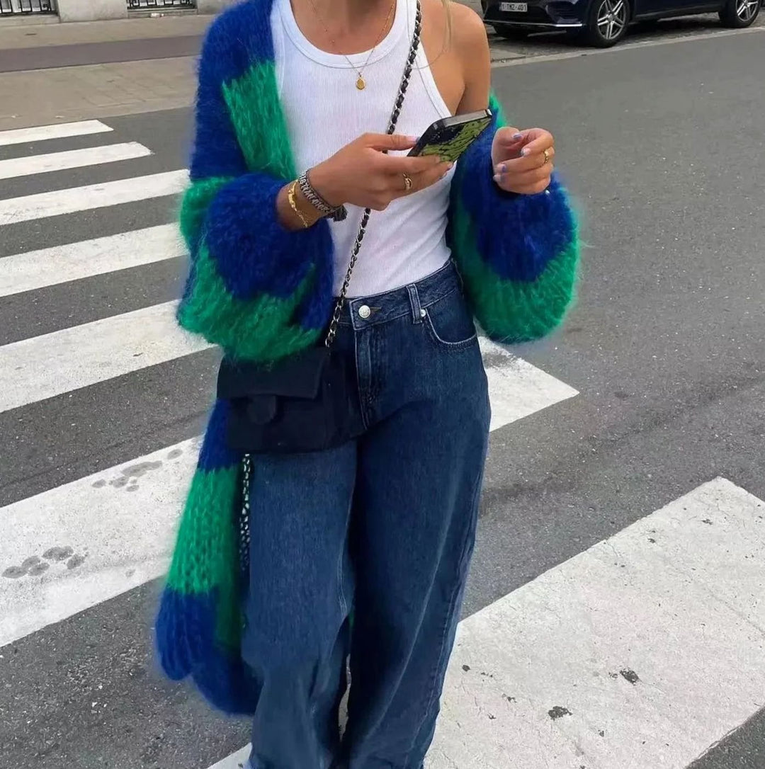 Women's Oversized Striped Long Open-Front Cardigan - Green