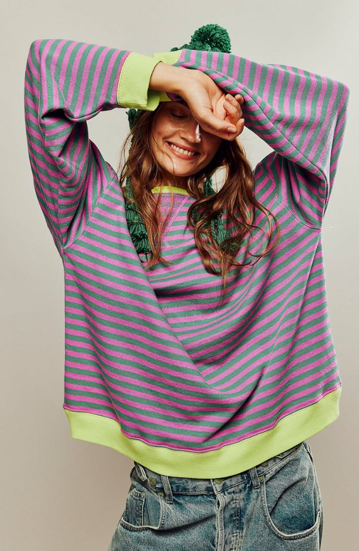 Women's Oversized Striped Long-Sleeve Pullover Sweater - Green & Pink