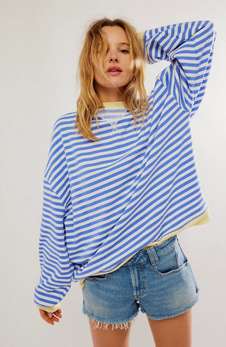 Women's Oversized Striped Long-Sleeve Pullover Sweater - Sky Blue