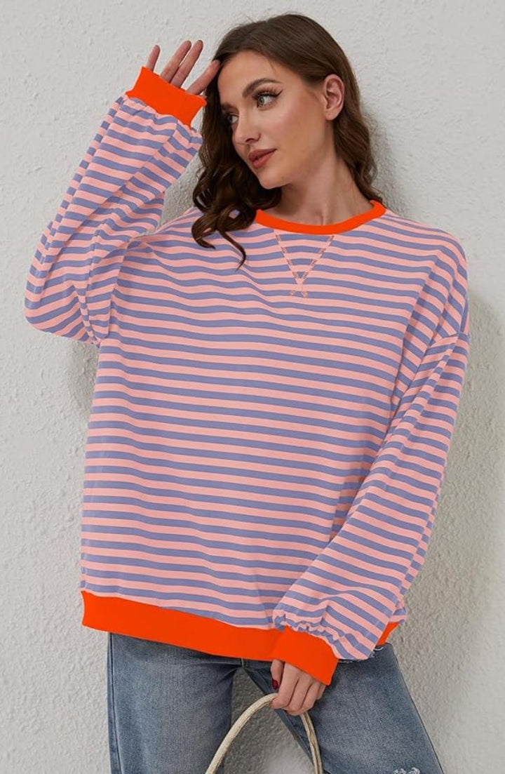 Women's Oversized Striped Long-Sleeve Pullover Sweater - Orange & Blue
