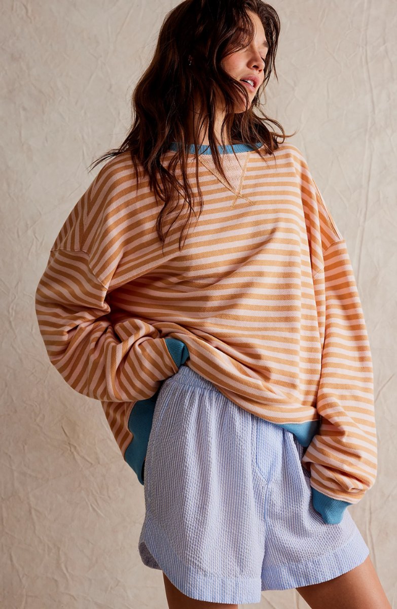 Women's Oversized Striped Long-Sleeve Pullover Sweater - Orange Stripes