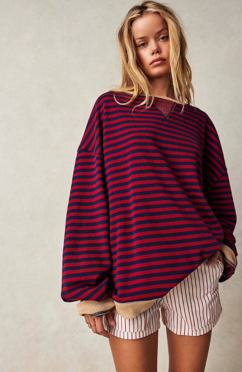 Women's Oversized Striped Long-Sleeve Pullover Sweater - Black & Red