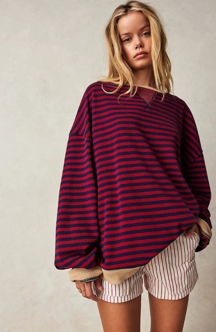 Women's Oversized Striped Long-Sleeve Pullover Sweater - Black & Red
