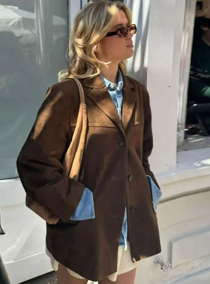 Women's Oversized Suede-Look Single-Button Blazer Jacket