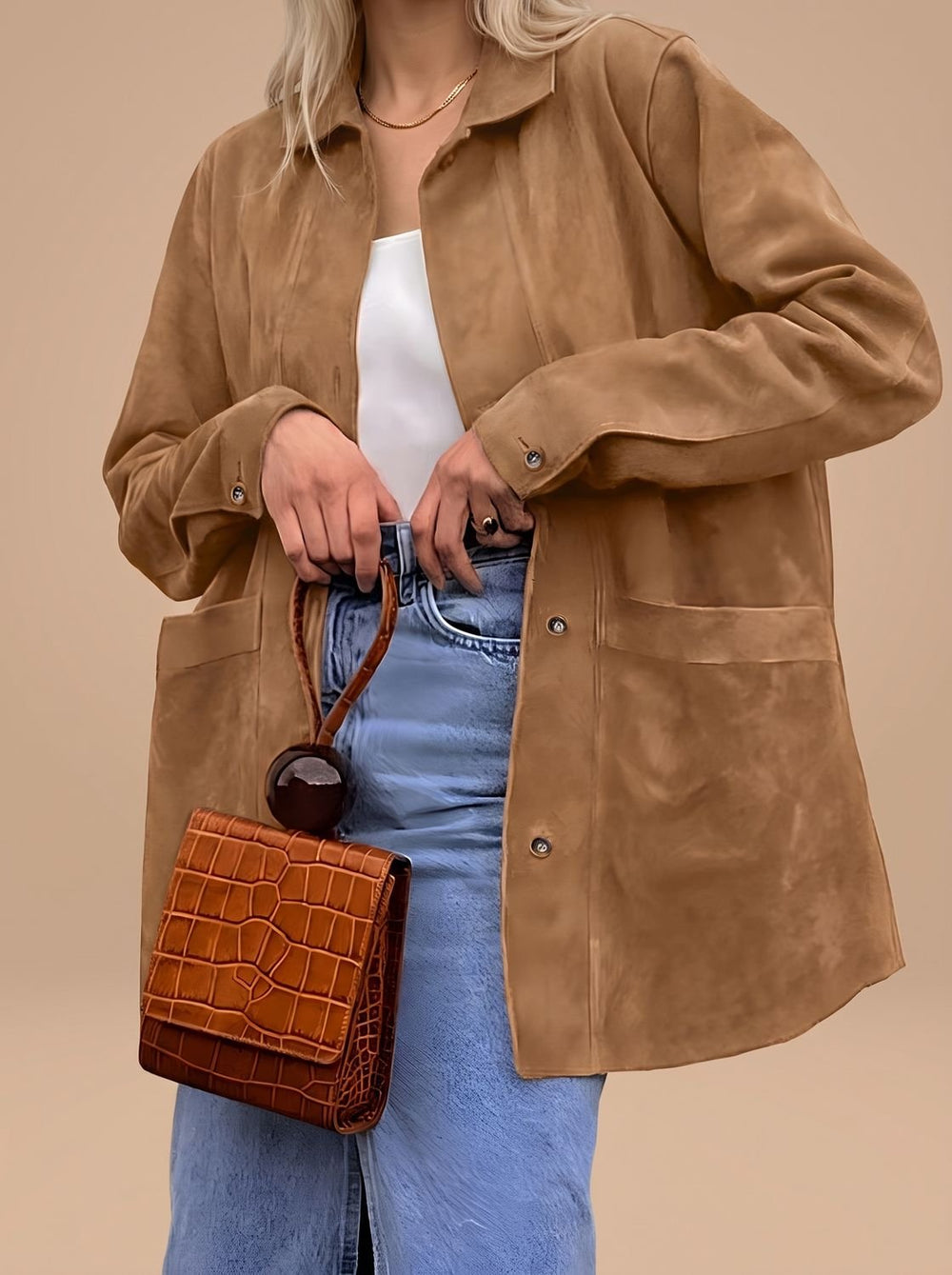 Women's Oversized Suede Style Shirt Jacket Collared Coat - Coffee Brown