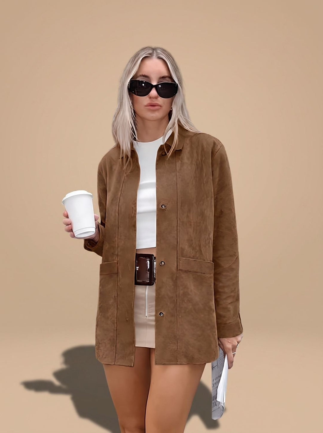 Women's Oversized Suede Style Shirt Jacket Collared Coat