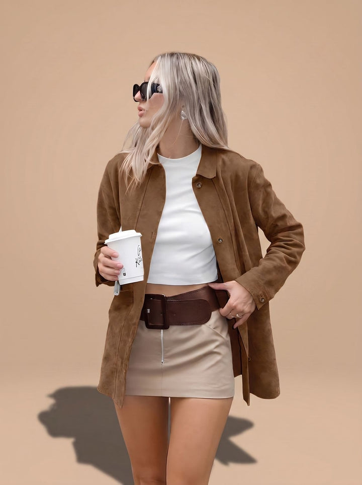 Women's Oversized Suede Style Shirt Jacket Collared Coat