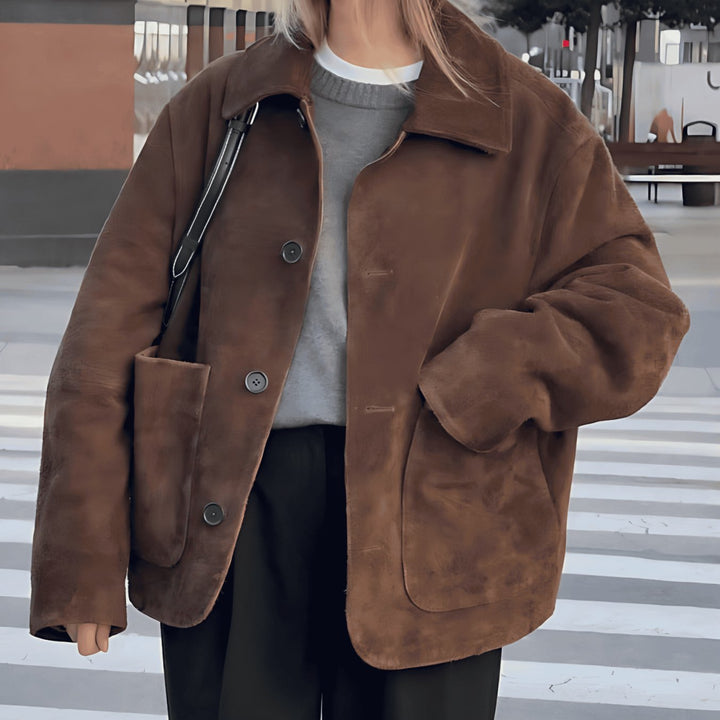 Women's Oversized Teddy Button-Front Patch Pocket Jacket - Brown