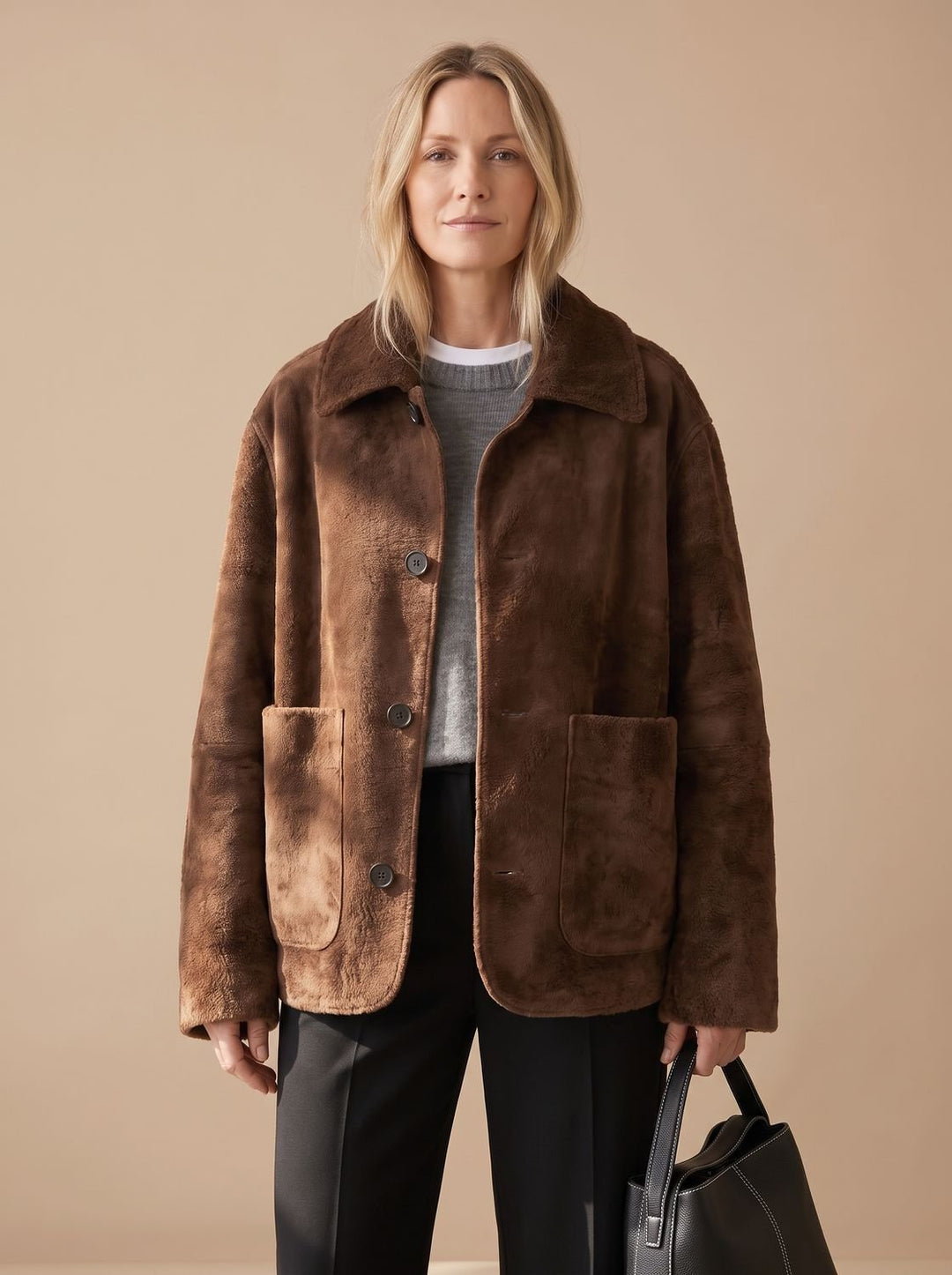 Women's Oversized Teddy Button-Front Patch Pocket Jacket