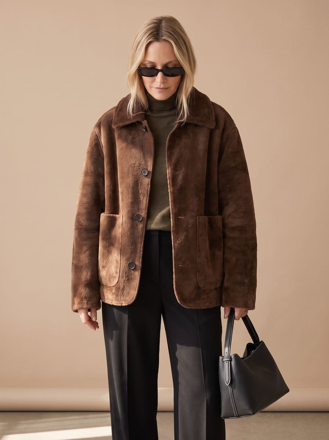 Women's Oversized Teddy Button-Front Patch Pocket Jacket