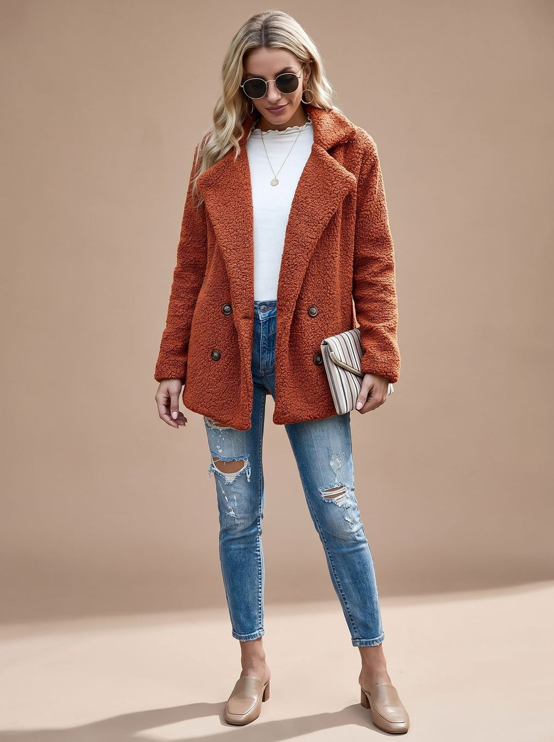 Women's Oversized Teddy Double-Breasted Notched-Lapel Jacket - Caramel