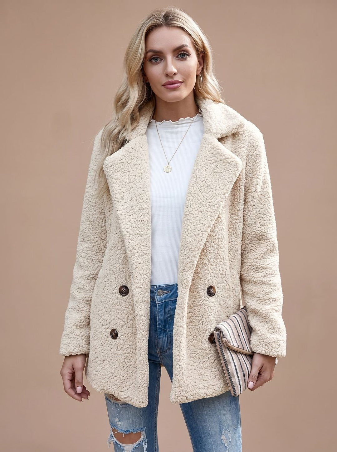 Women's Oversized Teddy Double-Breasted Notched-Lapel Jacket - White