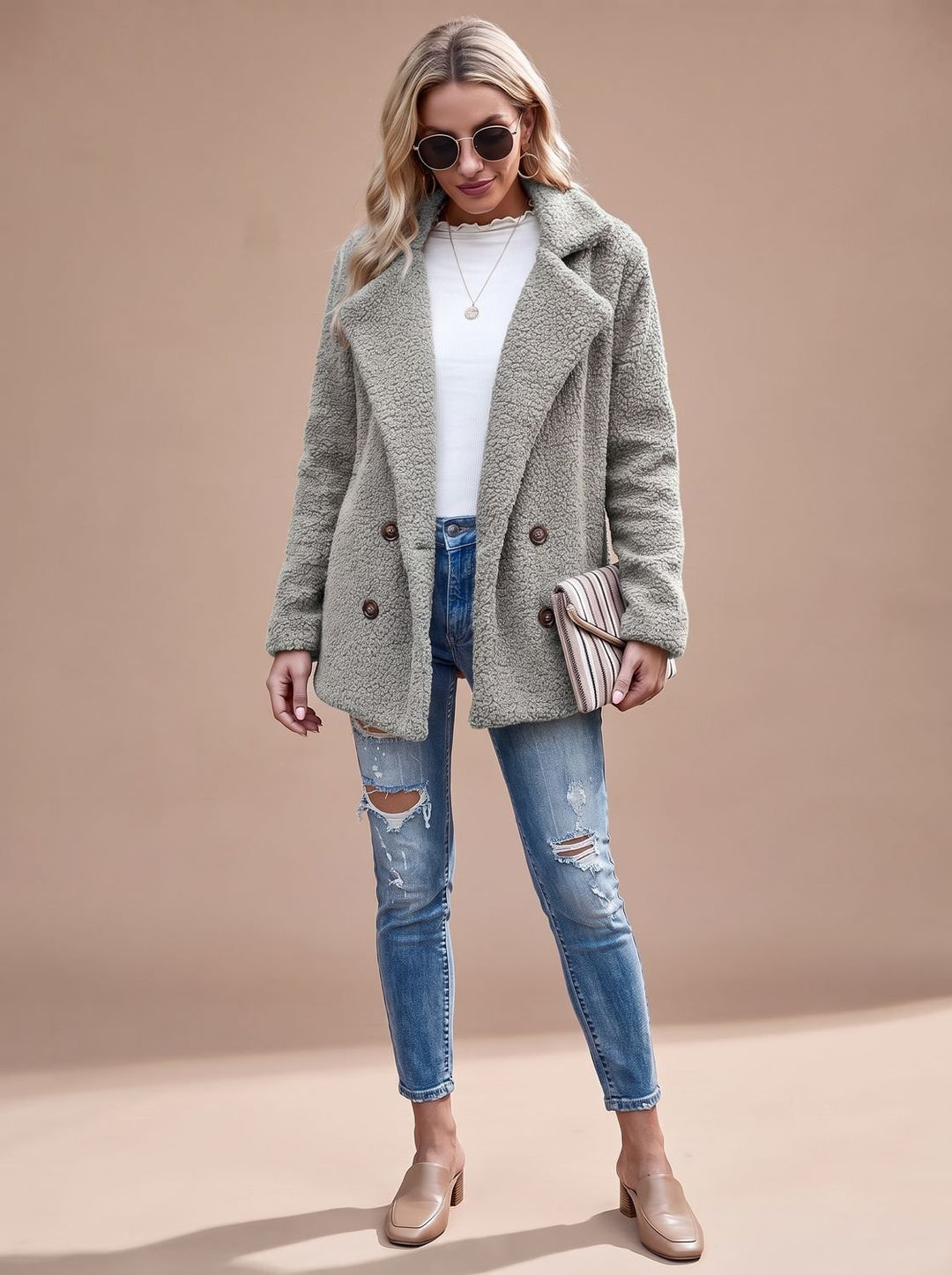 Women's Oversized Teddy Double-Breasted Notched-Lapel Jacket - Light Grey