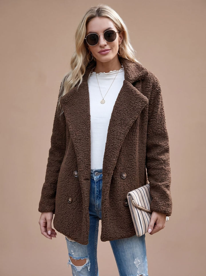 Women's Oversized Teddy Double-Breasted Notched-Lapel Jacket - Coffee