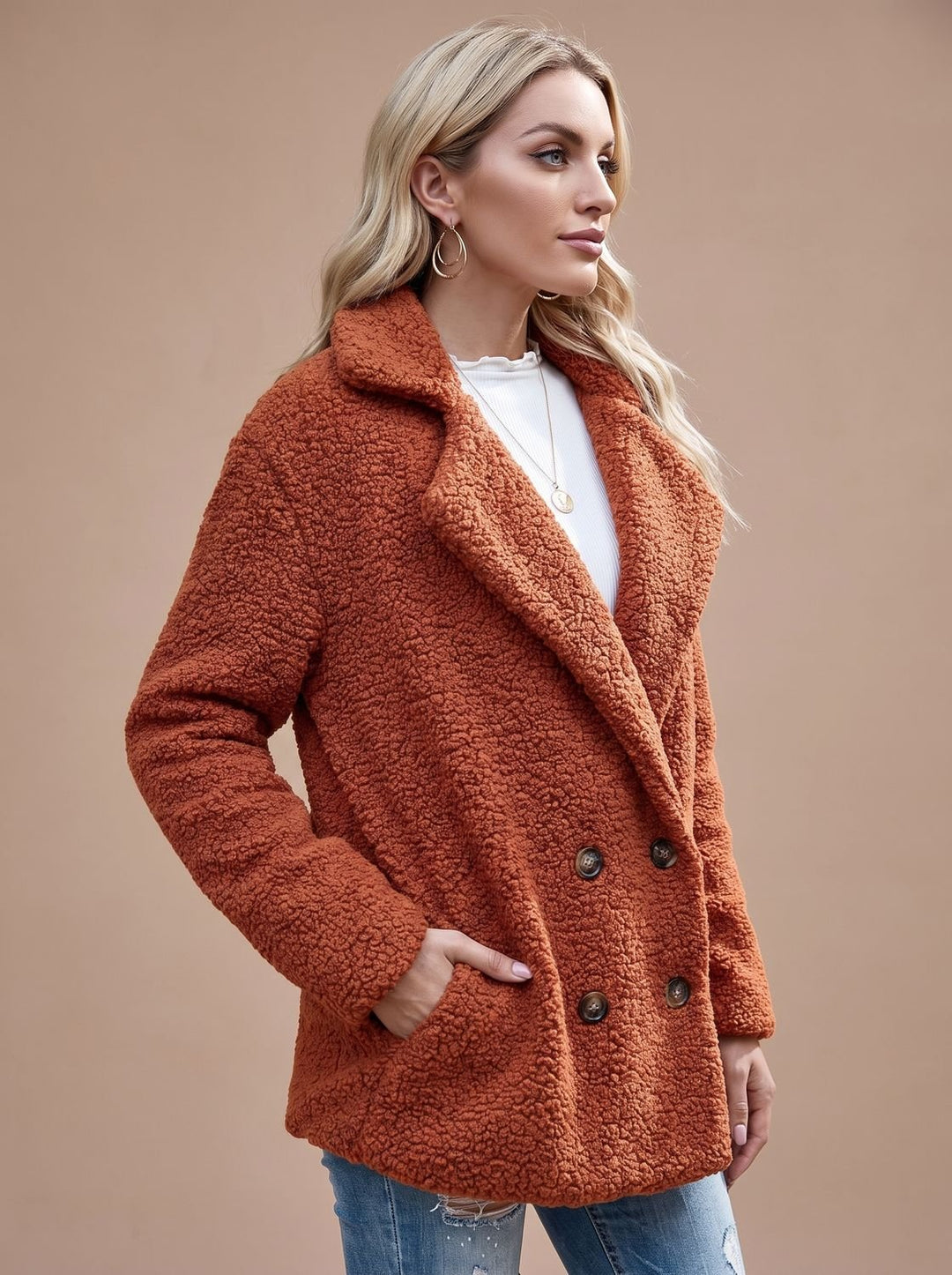 Women's Oversized Teddy Double-Breasted Notched-Lapel Jacket